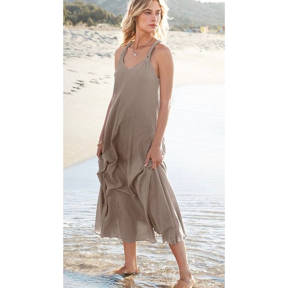 Garnet Hill Cotton Gauze Long Cover-Up Dress XL Taupe Brown Adjustable Maxi